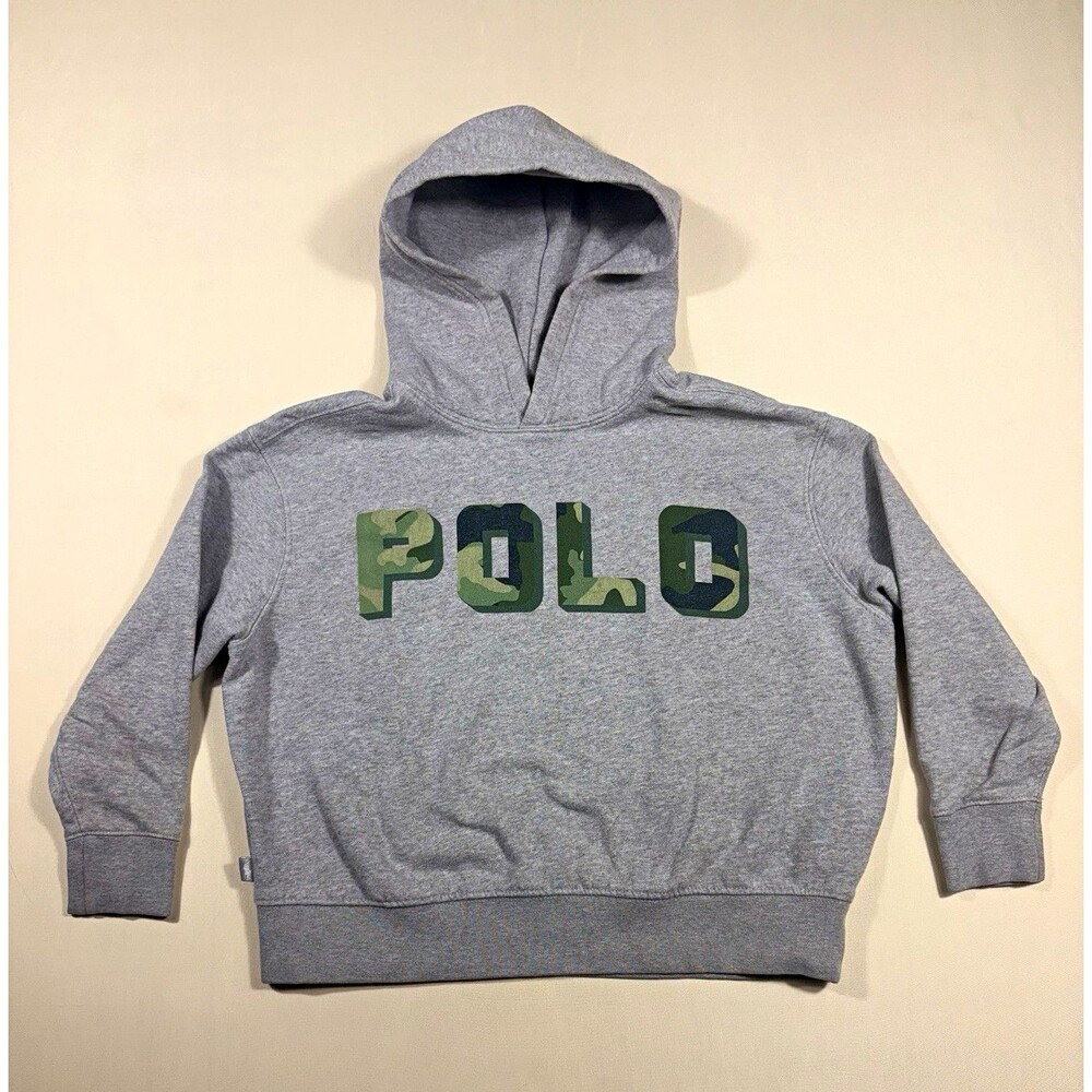Polo Ralph Lauren Unisex Kids Size S Gray Pullover Hoodie Camo Logo Fleece